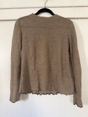 Zara Taupe Crewneck Sweater with Scalloped Hem Small